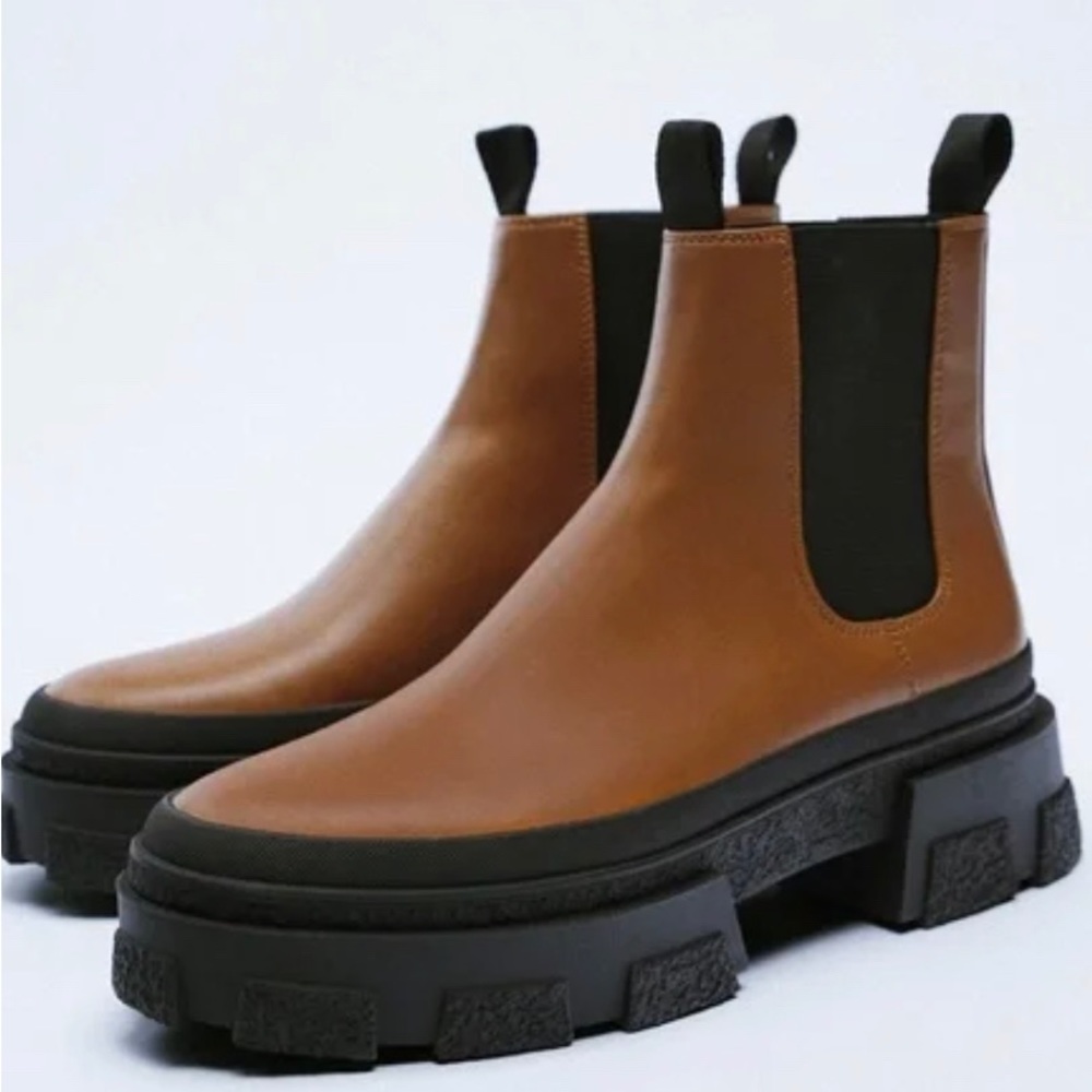 Zara Tan and Black Chunky Ankle Boots